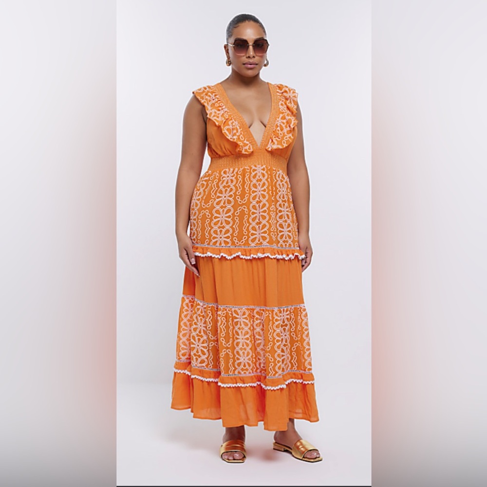 ASOS Orange Maxi Dress with White Embroidery
